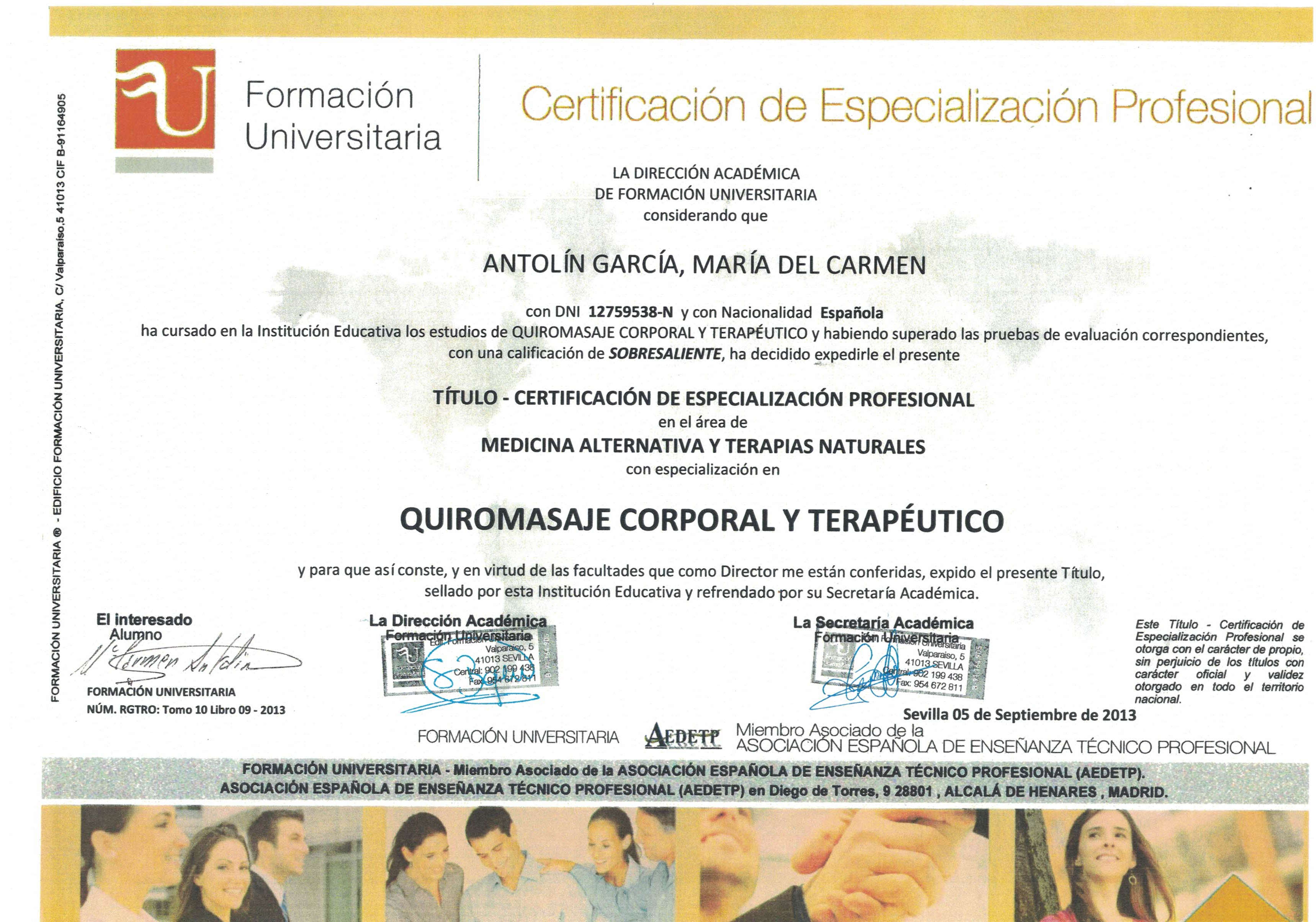 Título Certificación de Especialización Profesional
